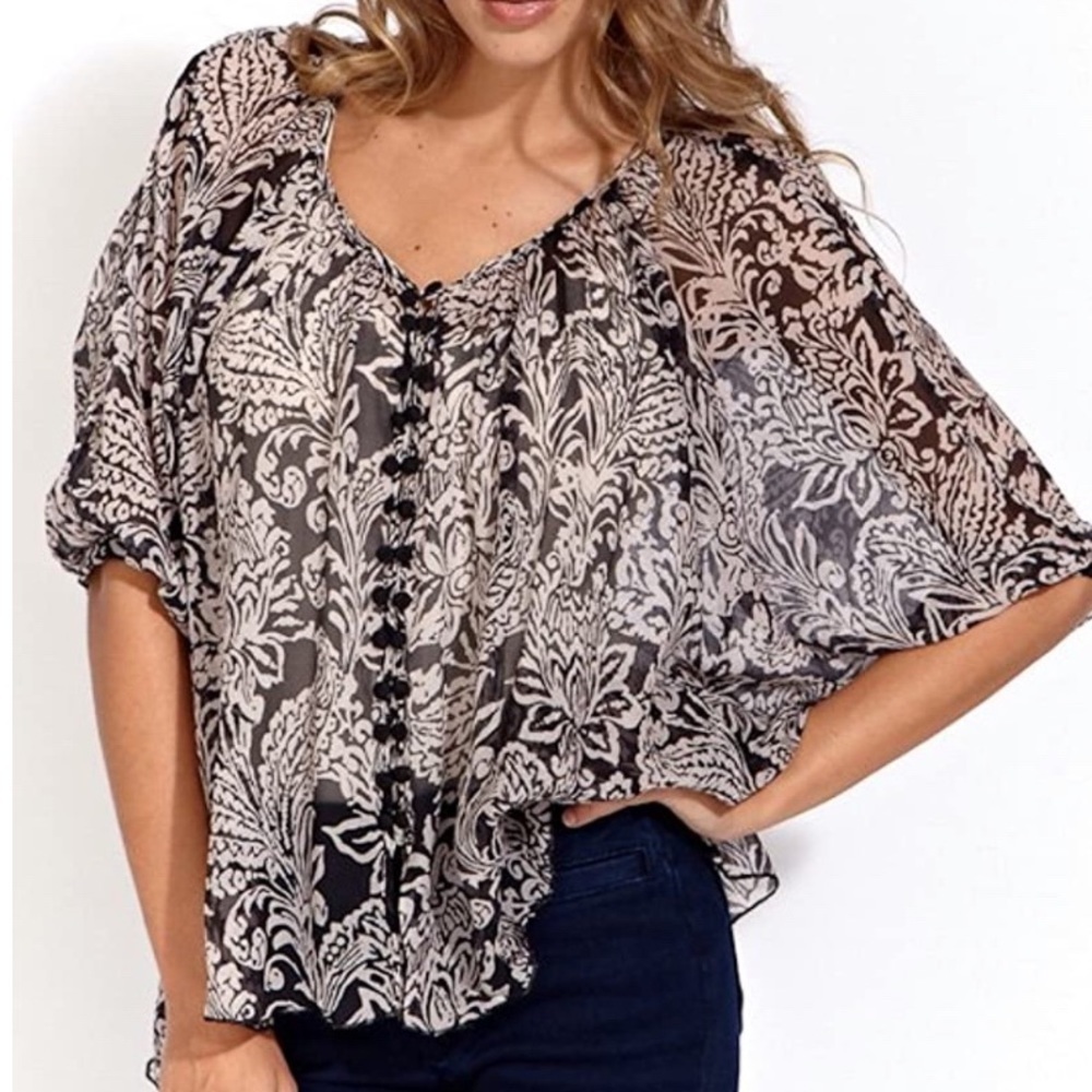 Winter Kate black taupe vintage silk button down‎ blouse size XS